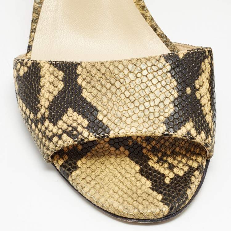 Pre Owned Jimmy Choo Black/Beige Lizard Embossed Leather Stacy Slide Sandals Size 38.5