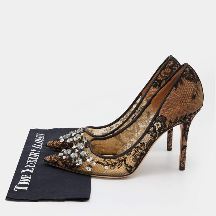 Pre Owned Jimmy Choo Black Lace and Mesh Crystal Embellished Pointed Toe Pumps Size 39