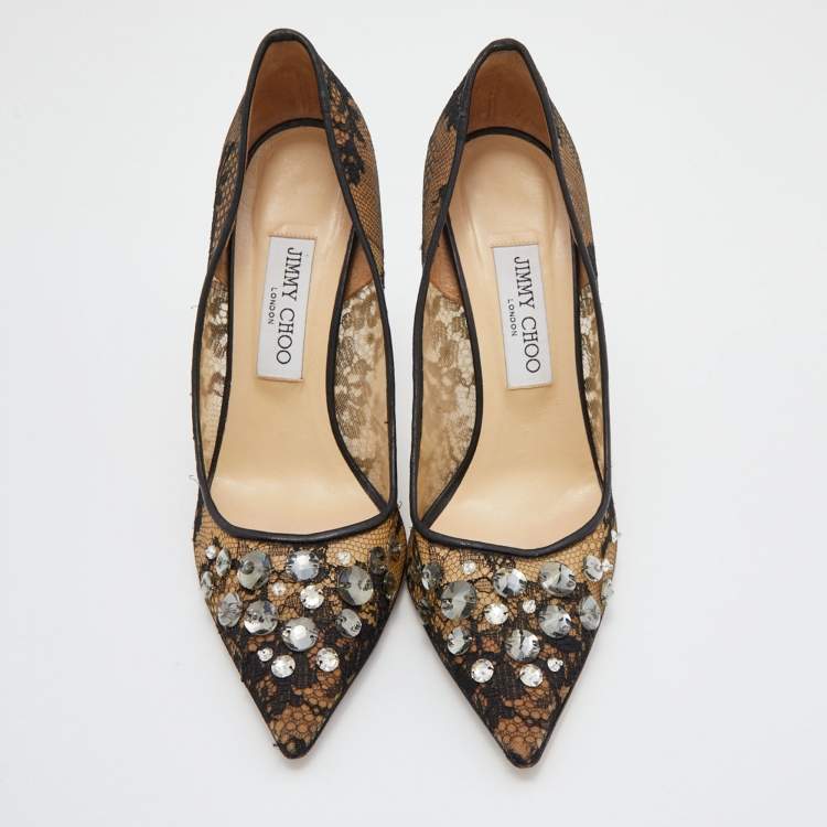 Pre Owned Jimmy Choo Black Lace and Mesh Crystal Embellished Pointed Toe Pumps Size 39