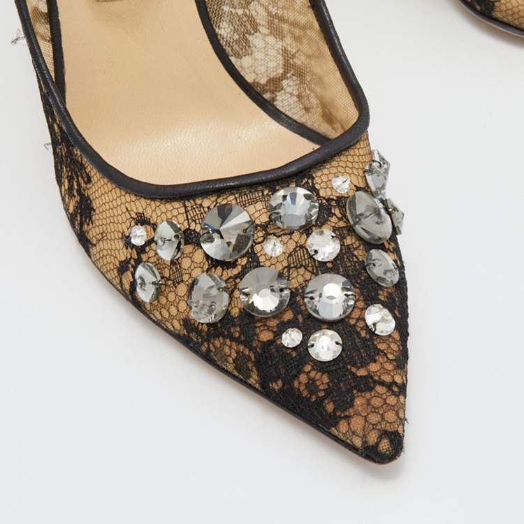 Pre Owned Jimmy Choo Black Lace and Mesh Crystal Embellished Pointed Toe Pumps Size 39