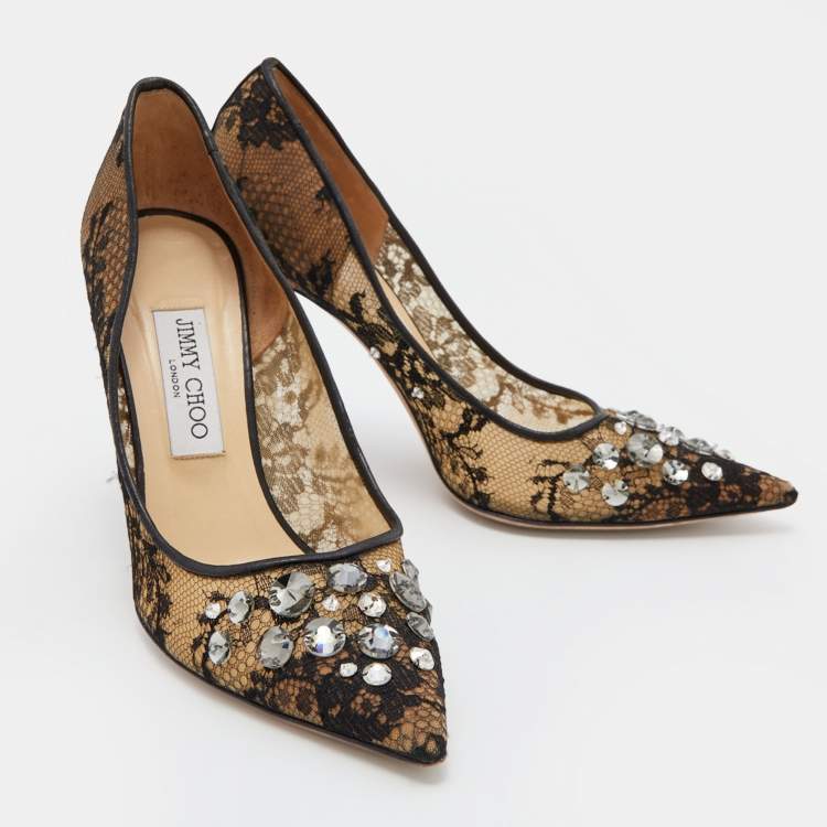 Pre Owned Jimmy Choo Black Lace and Mesh Crystal Embellished Pointed Toe Pumps Size 39
