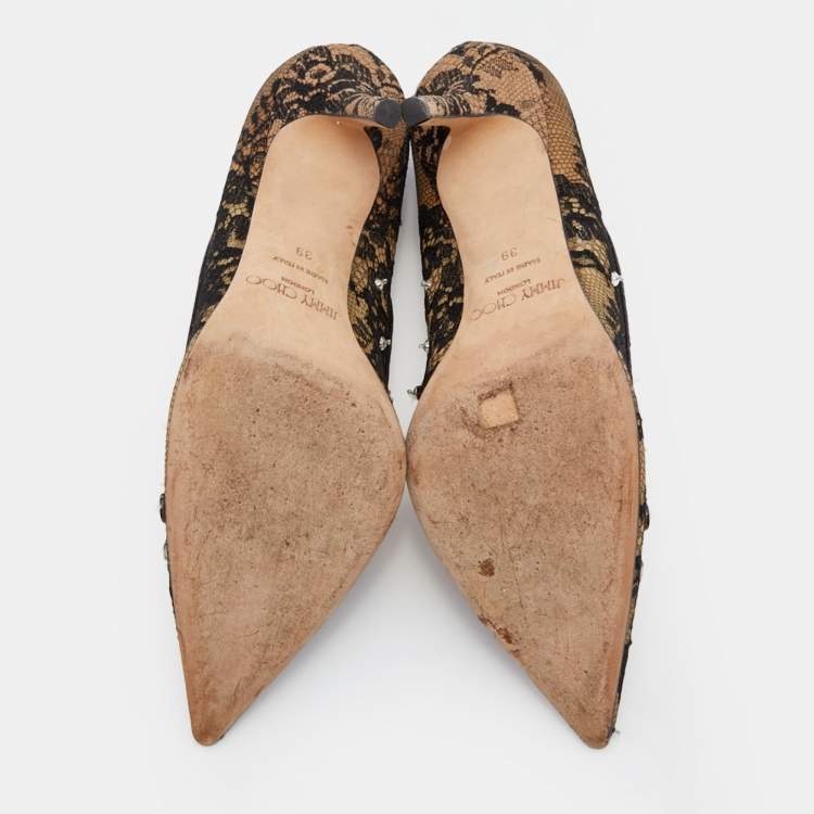 Pre Owned Jimmy Choo Black Lace and Mesh Crystal Embellished Pointed Toe Pumps Size 39