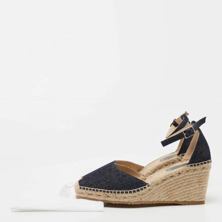 Pre Owned Jimmy Choo Black Denim Wedge Ankle Strap Sandals Size 40