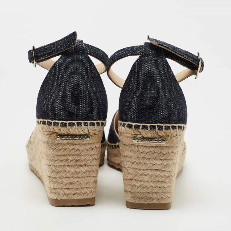 Pre Owned Jimmy Choo Black Denim Wedge Ankle Strap Sandals Size 40