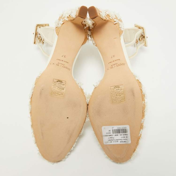 Pre Owned Jimmy Choo Beige/White Floral Woven Raffia and PVC Magic Ankle Strap Pumps Size 37