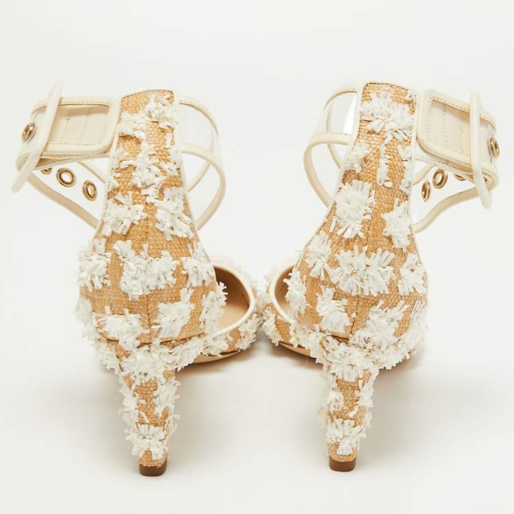 Pre Owned Jimmy Choo Beige/White Floral Woven Raffia and PVC Magic Ankle Strap Pumps Size 37