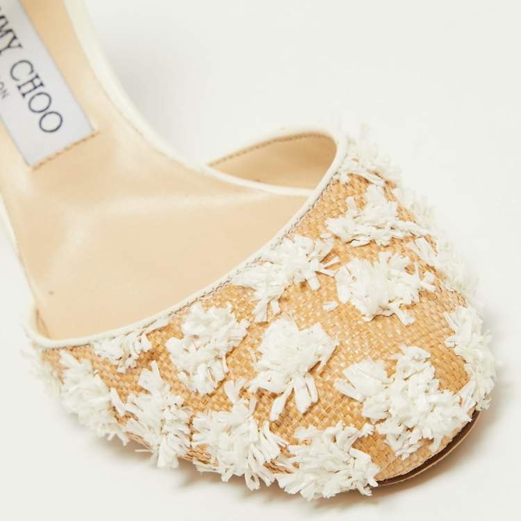 Pre Owned Jimmy Choo Beige/White Floral Woven Raffia and PVC Magic Ankle Strap Pumps Size 37