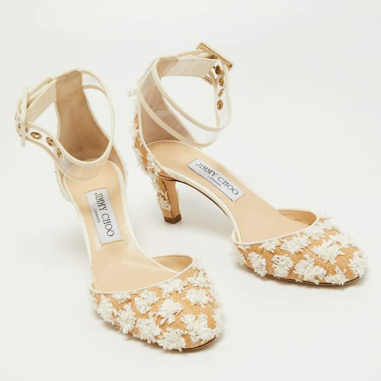 Pre Owned Jimmy Choo Beige/White Floral Woven Raffia and PVC Magic Ankle Strap Pumps Size 37
