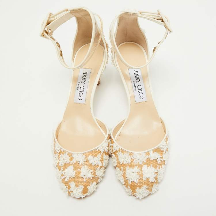 Pre Owned Jimmy Choo Beige/White Floral Woven Raffia and PVC Magic Ankle Strap Pumps Size 37