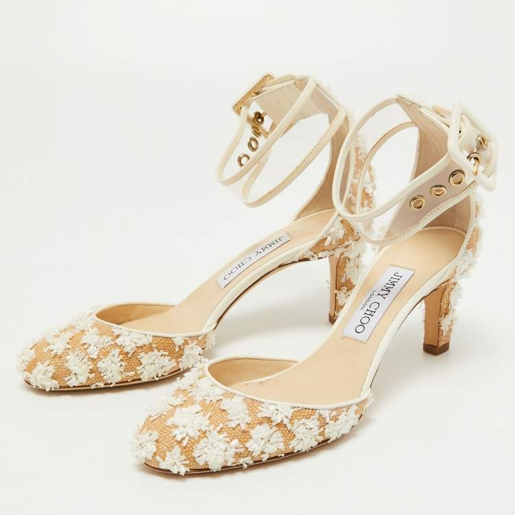 Pre Owned Jimmy Choo Beige/White Floral Woven Raffia and PVC Magic Ankle Strap Pumps Size 37