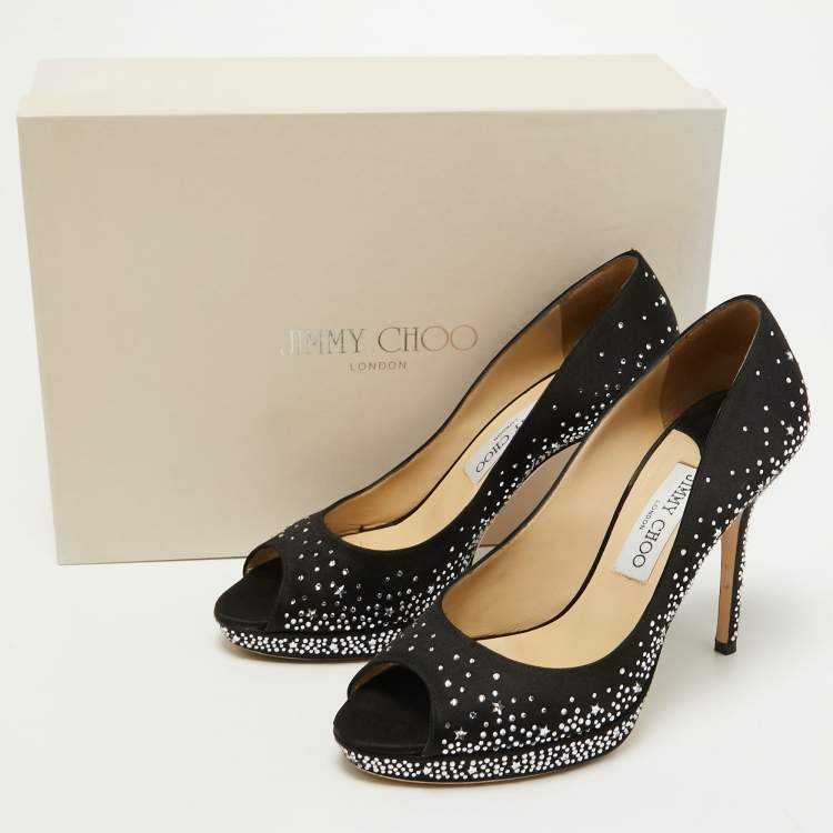 Pre Owned Jimmy Choo Black Satin Crystal Embellished Dali Peep Toe Pumps Size 38