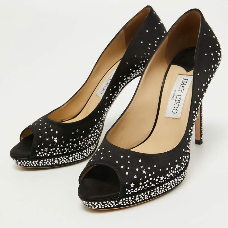 Pre Owned Jimmy Choo Black Satin Crystal Embellished Dali Peep Toe Pumps Size 38