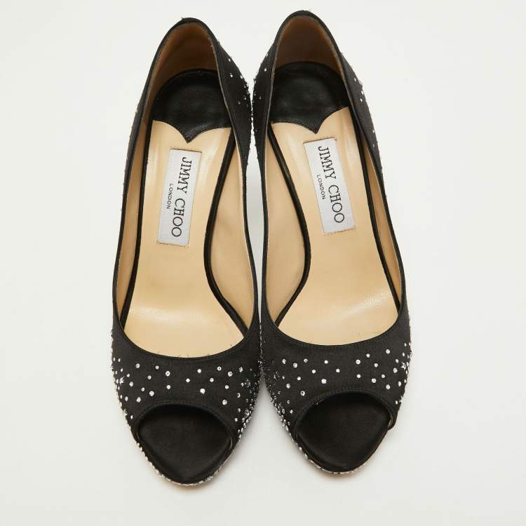 Pre Owned Jimmy Choo Black Satin Crystal Embellished Dali Peep Toe Pumps Size 38