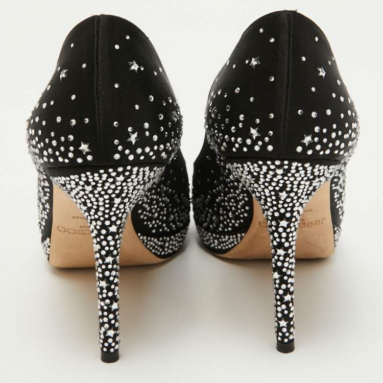 Pre Owned Jimmy Choo Black Satin Crystal Embellished Dali Peep Toe Pumps Size 38