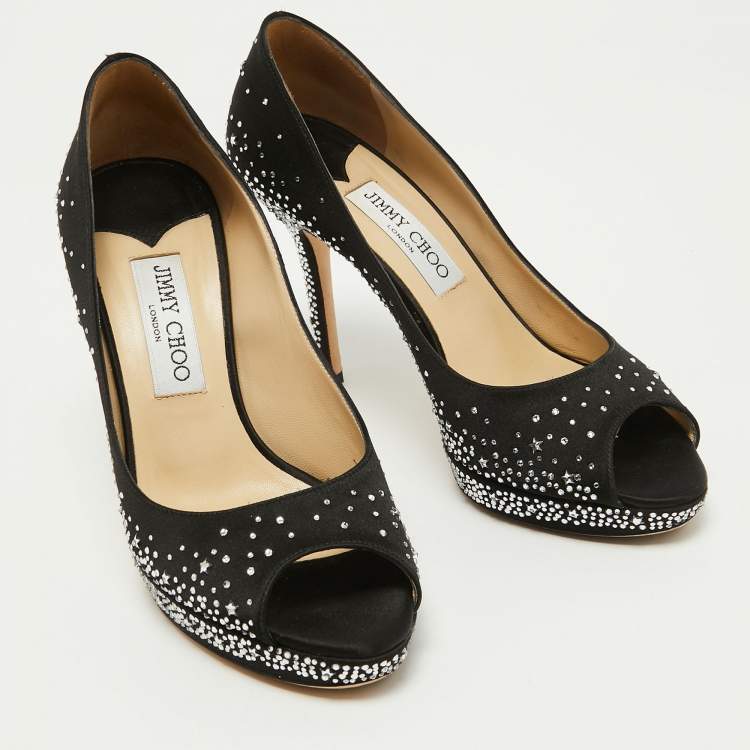 Pre Owned Jimmy Choo Black Satin Crystal Embellished Dali Peep Toe Pumps Size 38