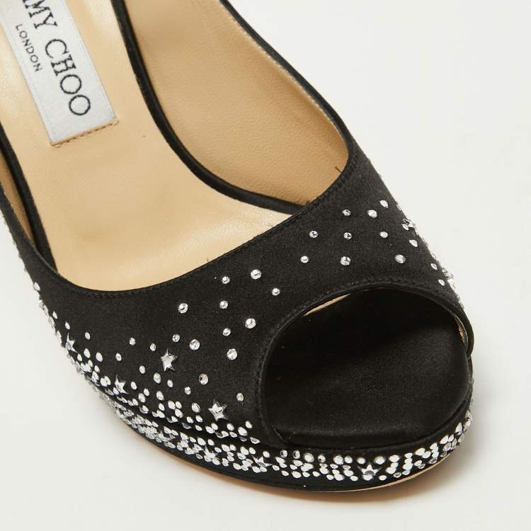 Pre Owned Jimmy Choo Black Satin Crystal Embellished Dali Peep Toe Pumps Size 38