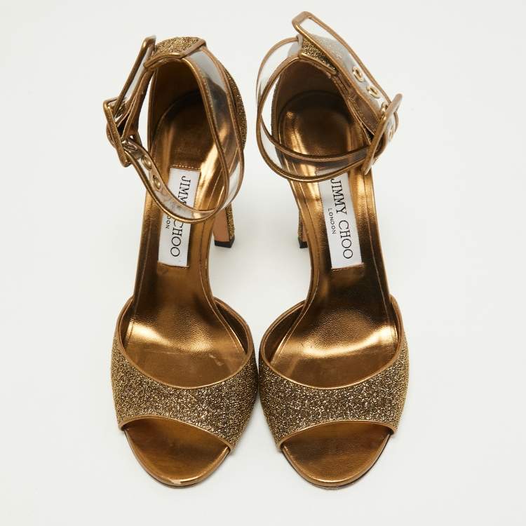 Pre Owned Jimmy Choo Metallic Lurex Fabric and PVC Moscow Ankle Strap Sandals Size 37.5