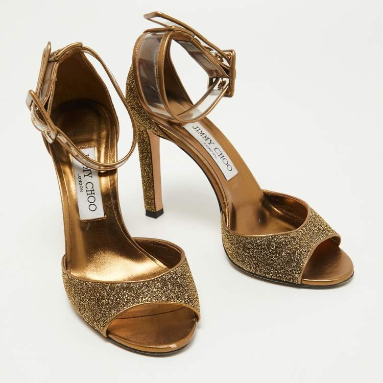 Pre Owned Jimmy Choo Metallic Lurex Fabric and PVC Moscow Ankle Strap Sandals Size 37.5