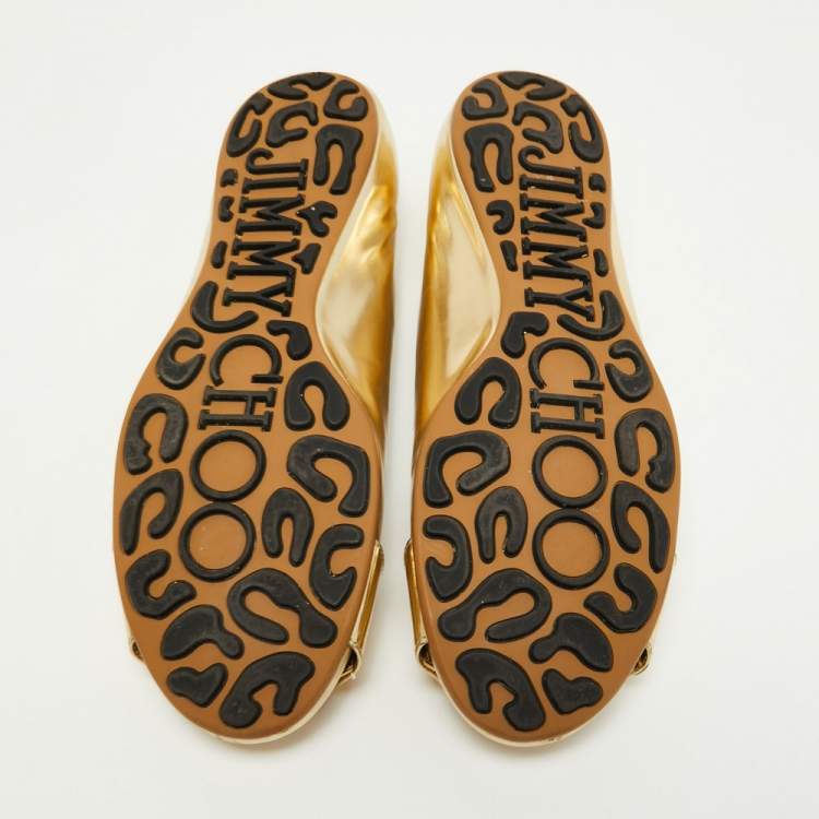 Pre Owned Jimmy Choo Gold Leather Buckle Ballet Flats Size 37.5