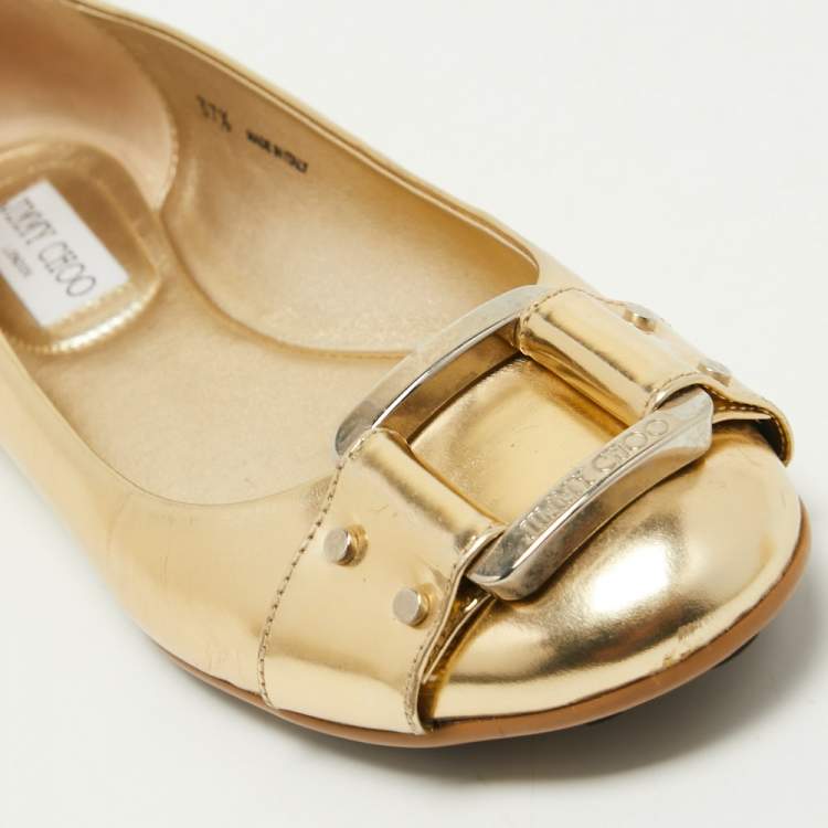 Pre Owned Jimmy Choo Gold Leather Buckle Ballet Flats Size 37.5