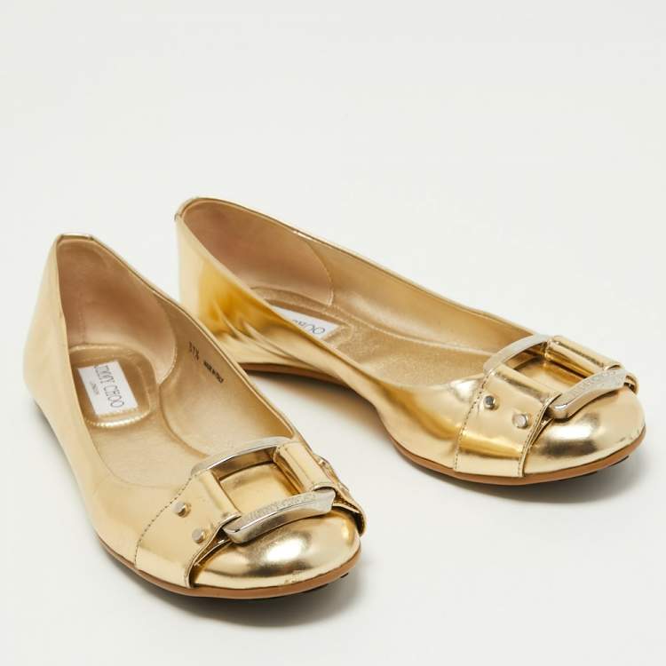 Pre Owned Jimmy Choo Gold Leather Buckle Ballet Flats Size 37.5