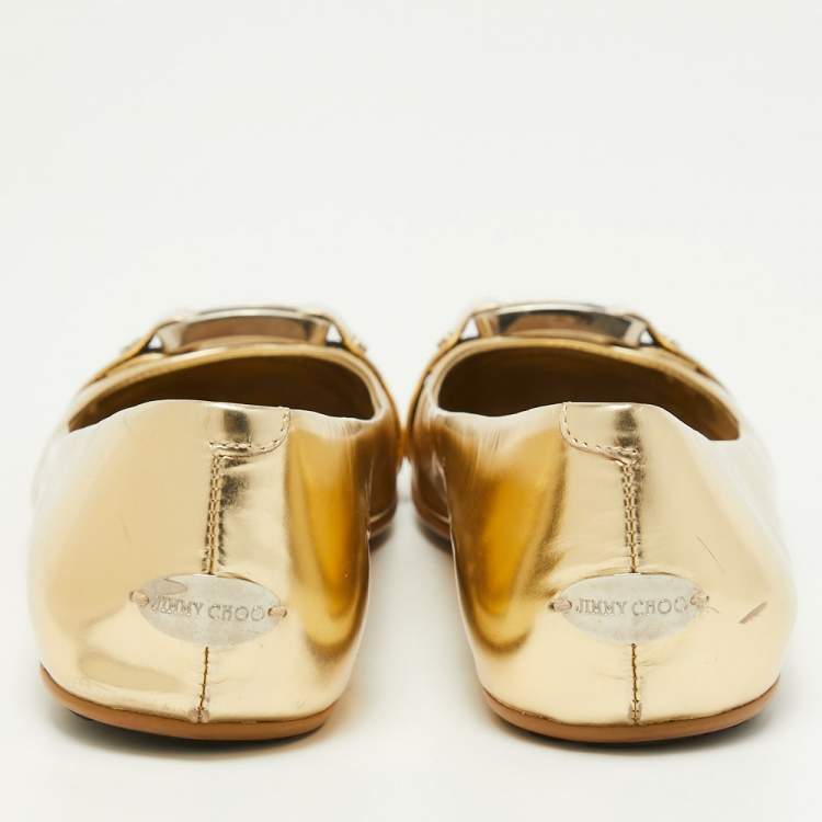 Pre Owned Jimmy Choo Gold Leather Buckle Ballet Flats Size 37.5