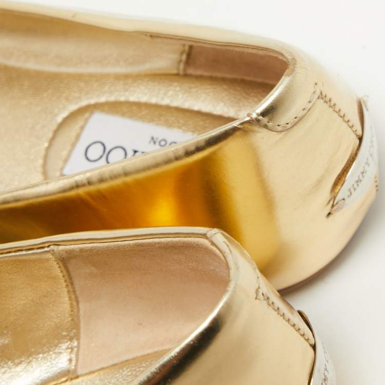 Pre Owned Jimmy Choo Gold Leather Buckle Ballet Flats Size 37.5