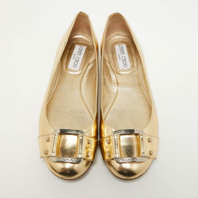 Pre Owned Jimmy Choo Gold Leather Buckle Ballet Flats Size 37.5