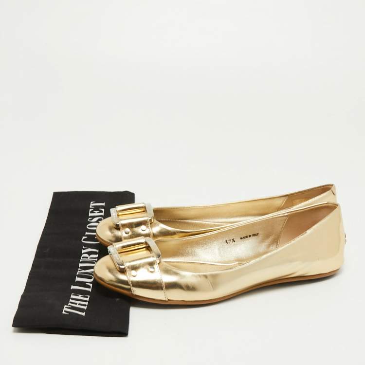 Pre Owned Jimmy Choo Gold Leather Buckle Ballet Flats Size 37.5