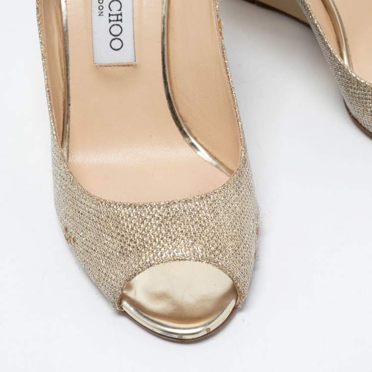 Pre Owned Jimmy Choo Gold Coarse Glitter Baxen Wedge Pumps Size 38