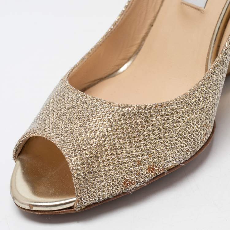 Pre Owned Jimmy Choo Gold Coarse Glitter Baxen Wedge Pumps Size 38