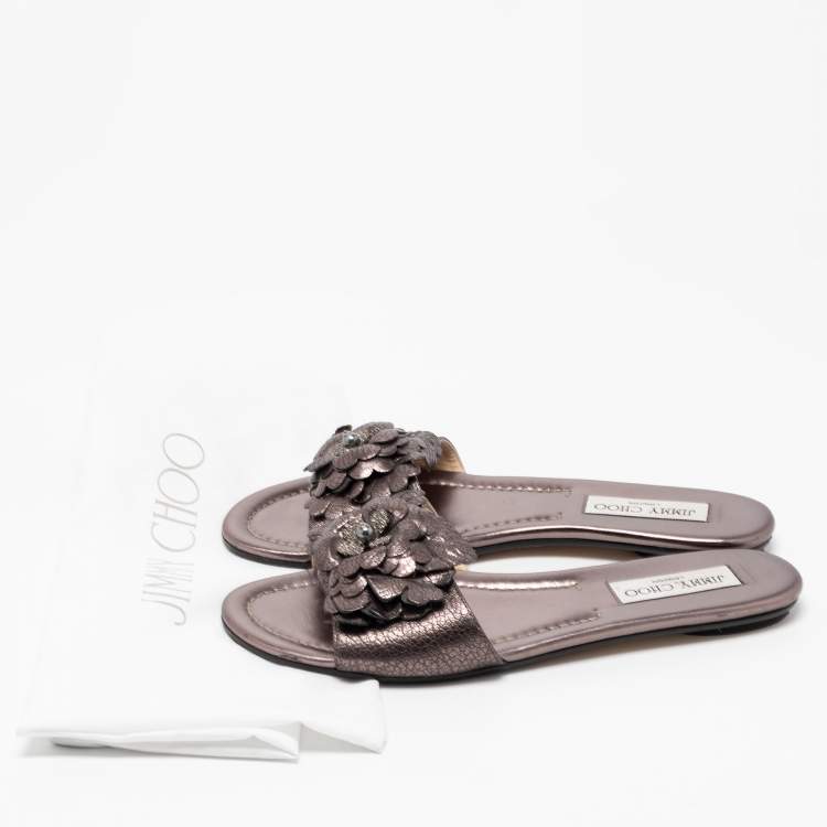 Pre Owned Jimmy Choo Metallic Bronze Leather Neave Floral Applique Slides 38.5