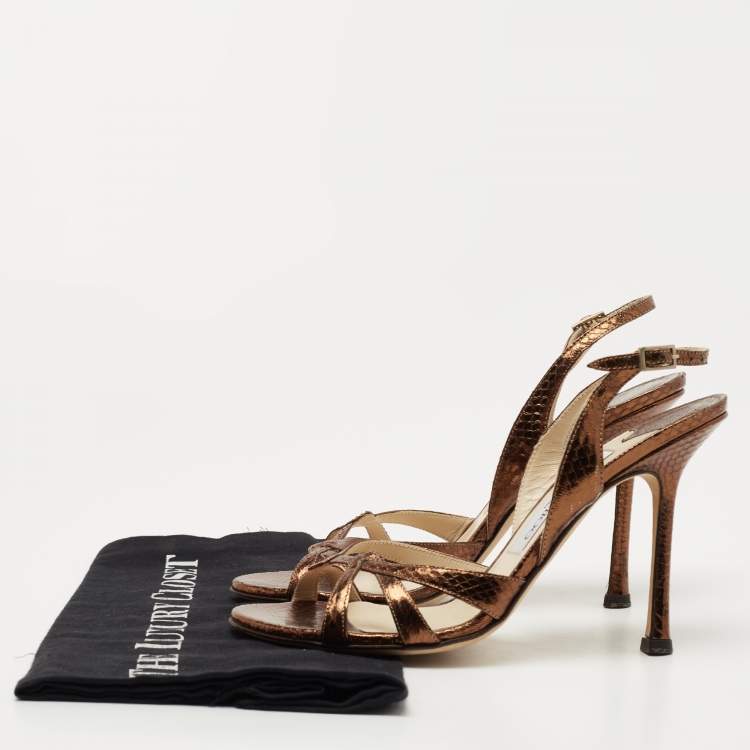 Pre Owned Jimmy Choo Metallic Snakeskin Embossed Leather Slingback Sandals Size 36.5