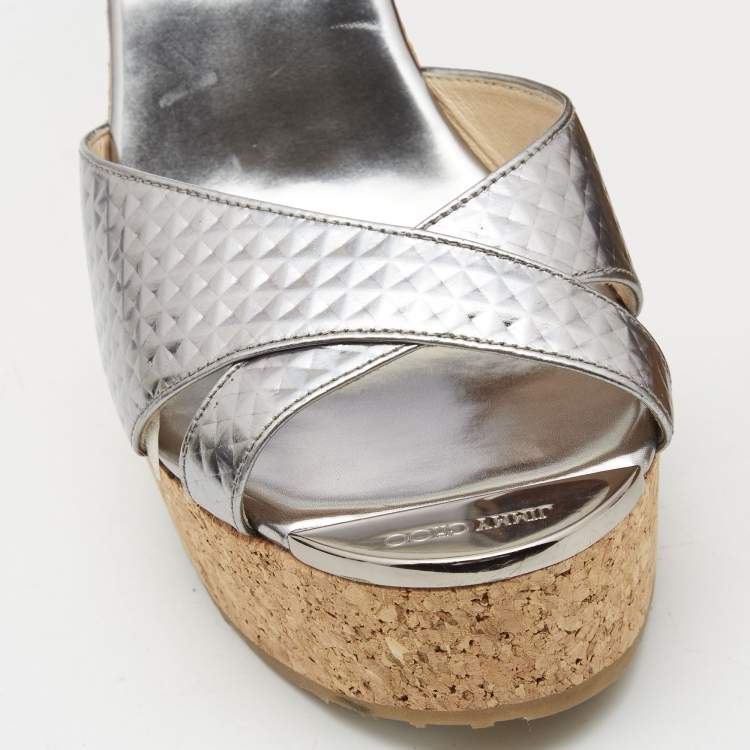 Pre Owned Jimmy Choo Silver Leather Prima Wedge Sandals Size 38.5
