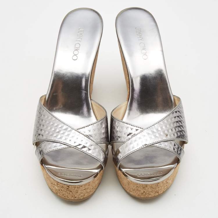 Pre Owned Jimmy Choo Silver Leather Prima Wedge Sandals Size 38.5