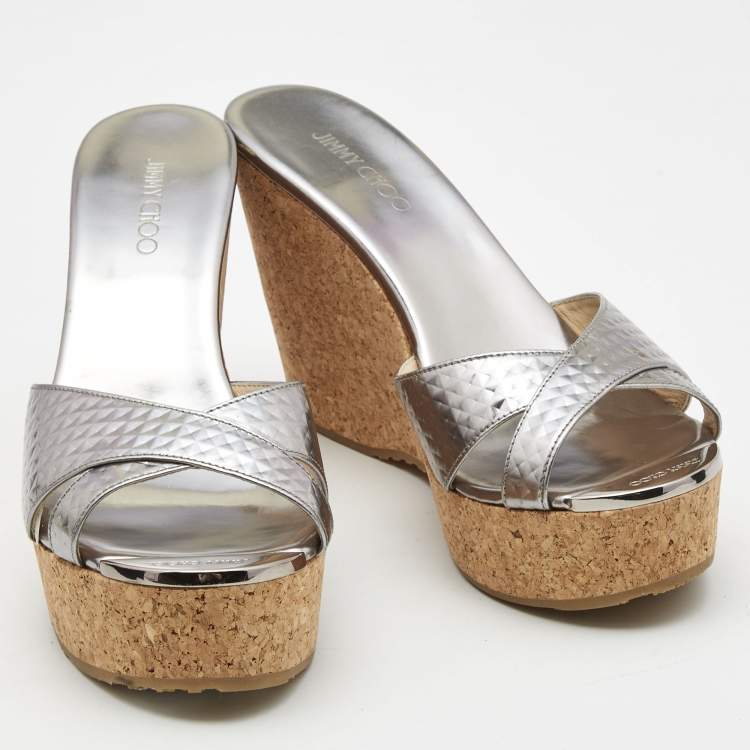Pre Owned Jimmy Choo Silver Leather Prima Wedge Sandals Size 38.5