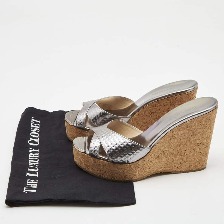 Pre Owned Jimmy Choo Silver Leather Prima Wedge Sandals Size 38.5