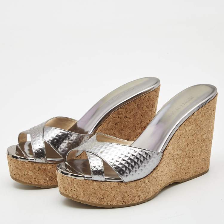 Pre Owned Jimmy Choo Silver Leather Prima Wedge Sandals Size 38.5