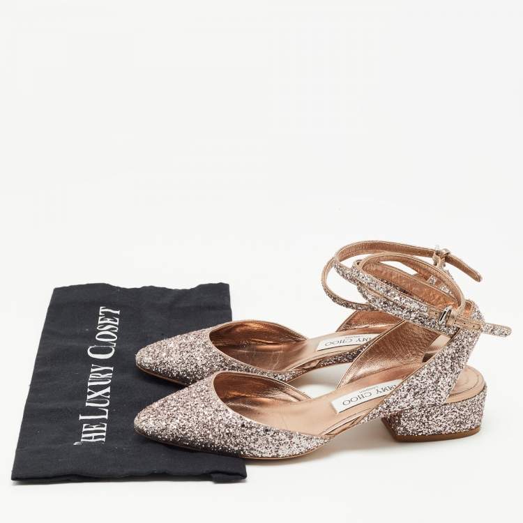 Pre Owned Jimmy Choo Pink Coarse Glitter Micky Ankle Strap Pumps Size 37.5