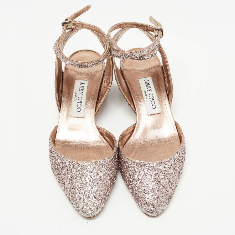 Pre Owned Jimmy Choo Pink Coarse Glitter Micky Ankle Strap Pumps Size 37.5