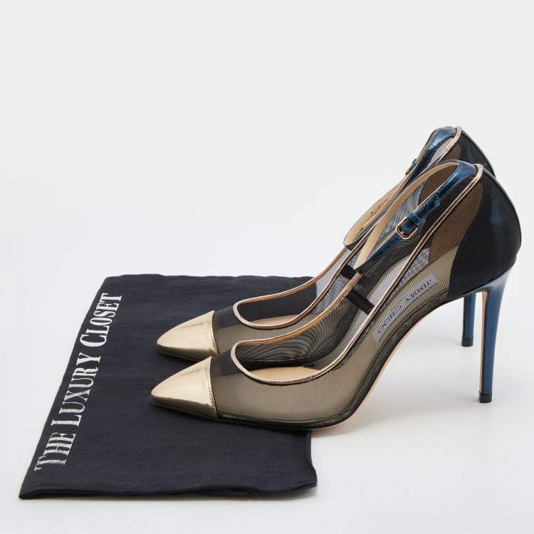 Pre Owned Jimmy Choo Black/Gold Mesh and Leather Tower Ankle Strap Pumps Size 38.5