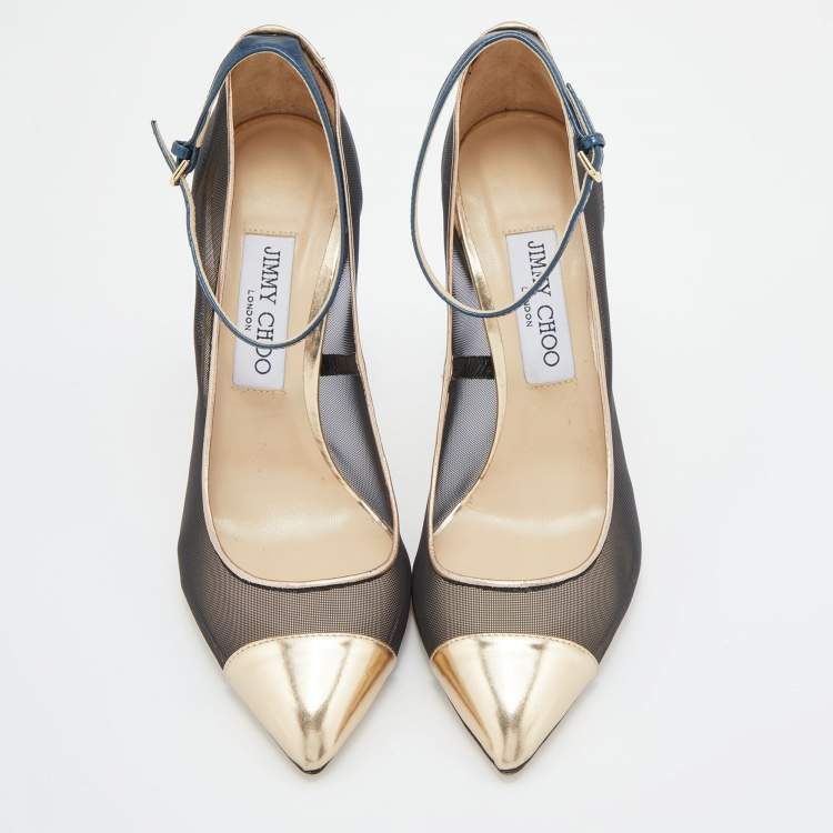 Pre Owned Jimmy Choo Black/Gold Mesh and Leather Tower Ankle Strap Pumps Size 38.5