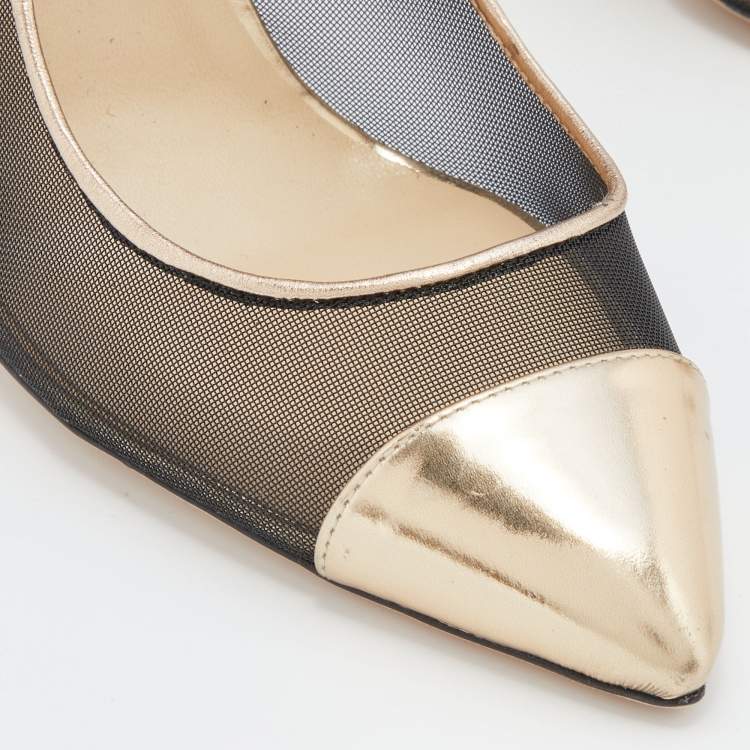 Pre Owned Jimmy Choo Black/Gold Mesh and Leather Tower Ankle Strap Pumps Size 38.5