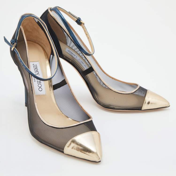 Pre Owned Jimmy Choo Black/Gold Mesh and Leather Tower Ankle Strap Pumps Size 38.5
