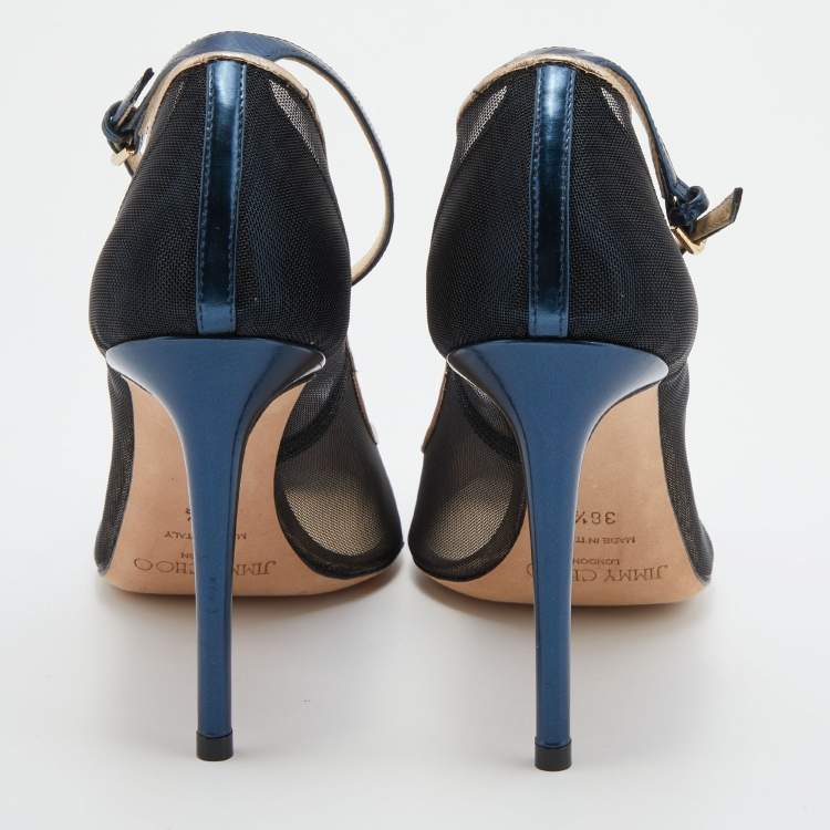 Pre Owned Jimmy Choo Black/Gold Mesh and Leather Tower Ankle Strap Pumps Size 38.5