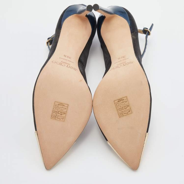 Pre Owned Jimmy Choo Black/Gold Mesh and Leather Tower Ankle Strap Pumps Size 38.5