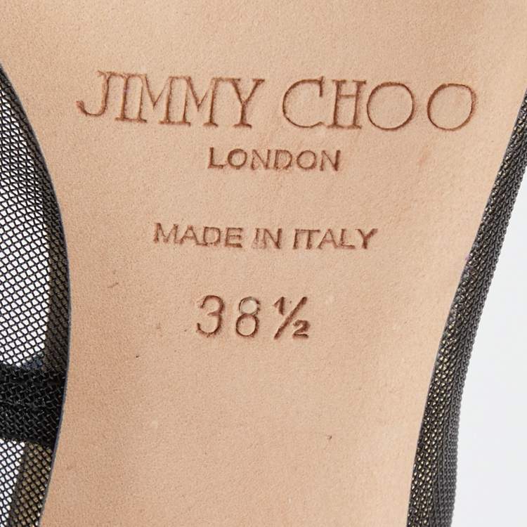 Pre Owned Jimmy Choo Black/Gold Mesh and Leather Tower Ankle Strap Pumps Size 38.5