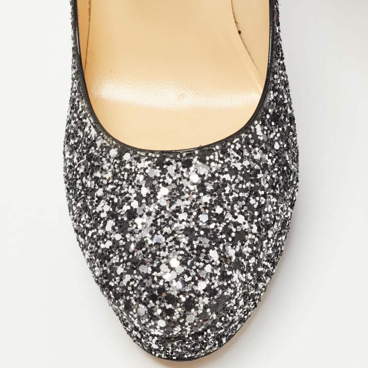 Pre Owned Jimmy Choo Silver/Black Coarse Glitter Eros Platform Pumps Size 39.5