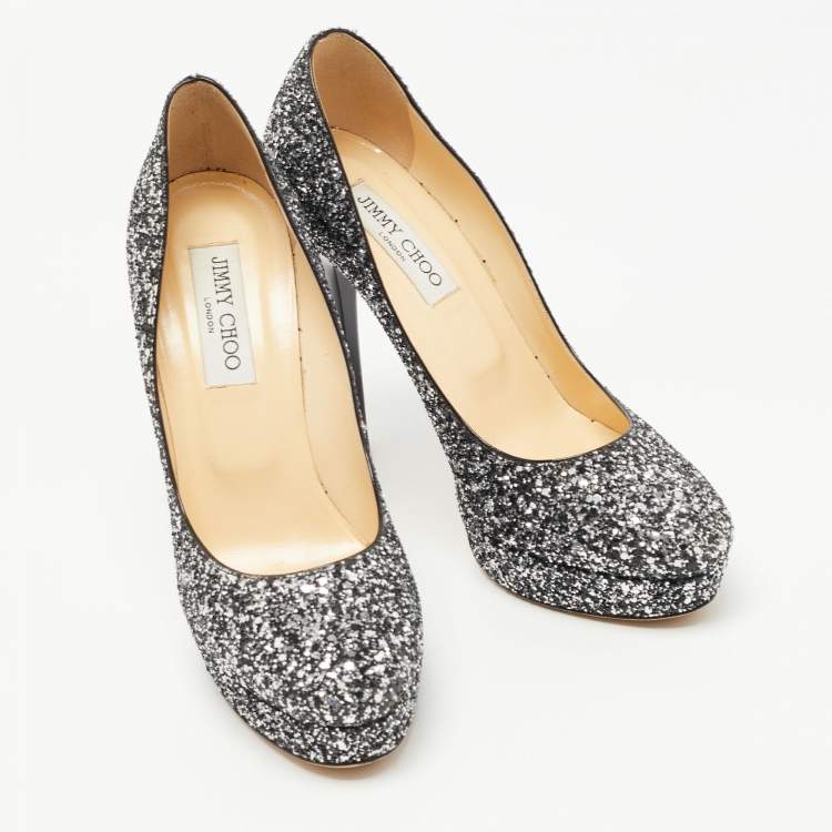 Pre Owned Jimmy Choo Silver/Black Coarse Glitter Eros Platform Pumps Size 39.5