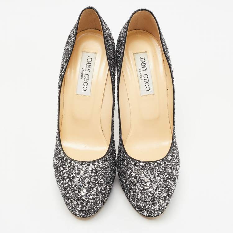 Pre Owned Jimmy Choo Silver/Black Coarse Glitter Eros Platform Pumps Size 39.5